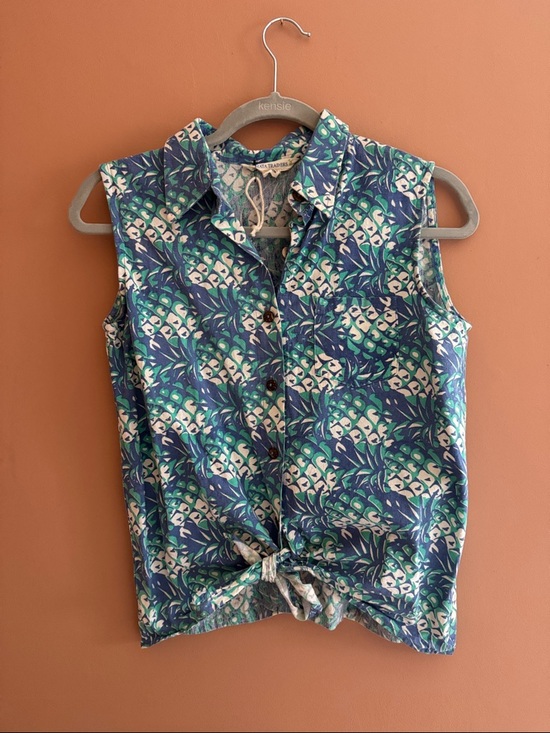 Mata Traders Tops - Mata Traders Blue and Teal Pineapple Print Sleeveless Tie Top - 100% cotton